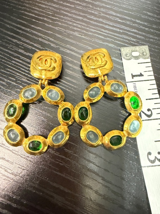 CHANEL 97 Gold Hoop Gripoix Drop Earrings with Green and Light Blue Gripox - Picture 7 of 8